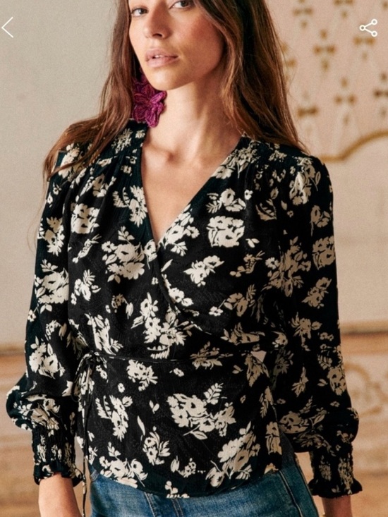 Sezane Tops - Sézane Dafne Black and Cream Floral Wrap Blouse Size 4
